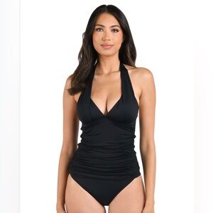 La Blanca Black‎ Halter Tankini Swimsuit Top Ruched Padded Supportive size 14